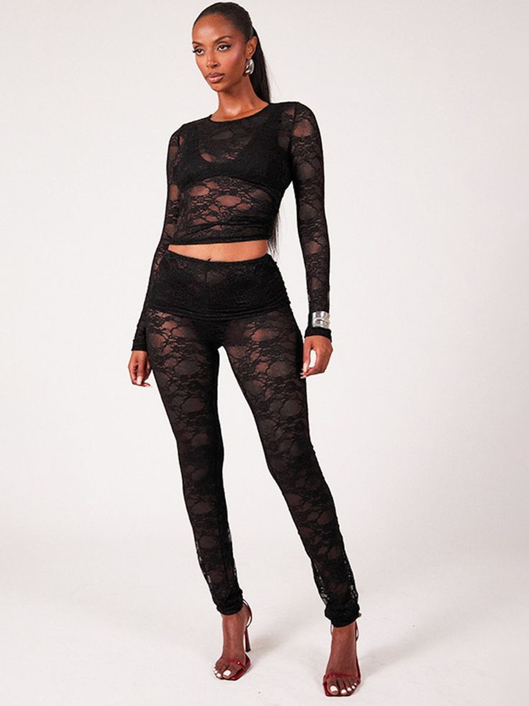 

LULU & SKY Self Design Lace Top With Leggings Co-Ords, Black