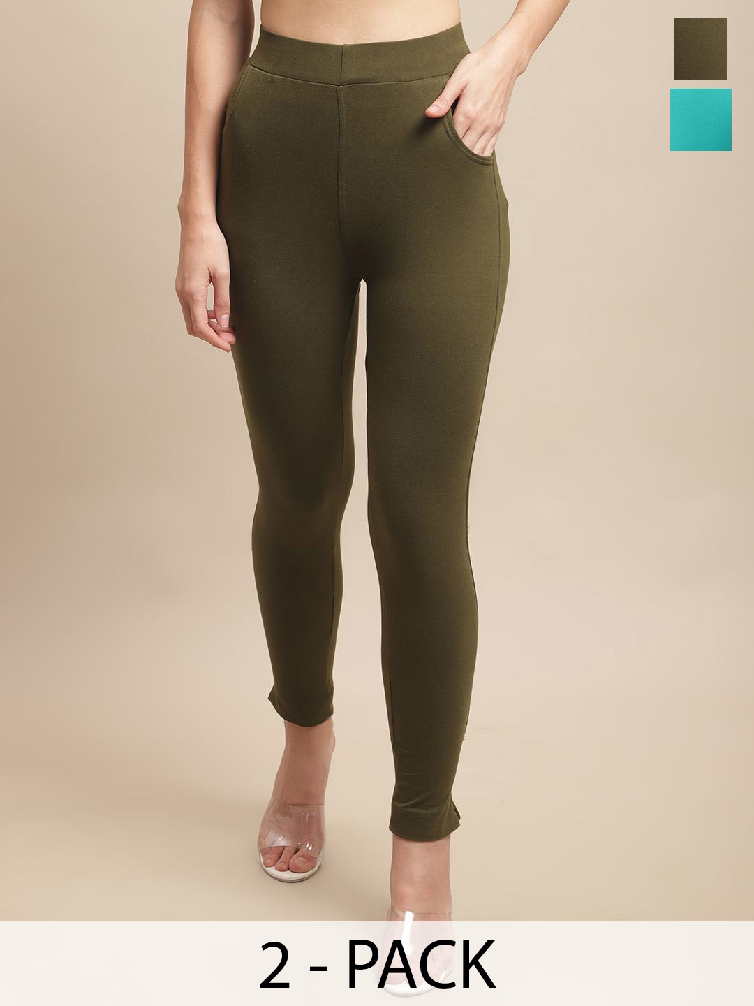 

Valles365 by S.C. Pack Of 2 Cotton Ankle-Length Leggings, Olive