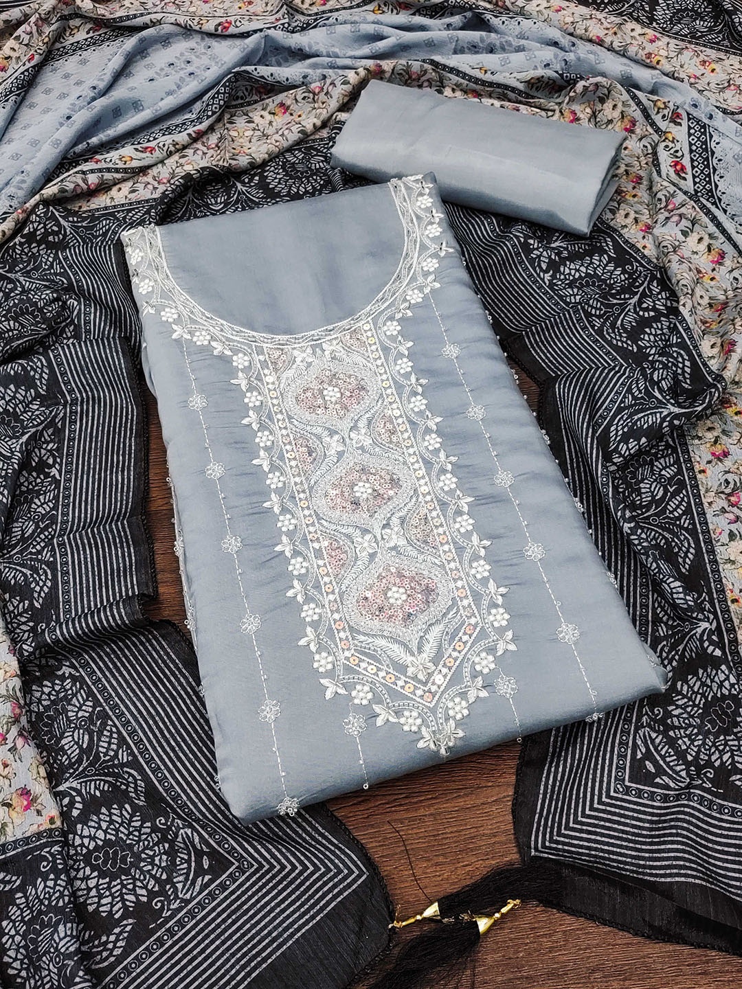 

SHADOW & SAINING Embroidered Pure Silk Semi-Stitched Dress Material, Grey