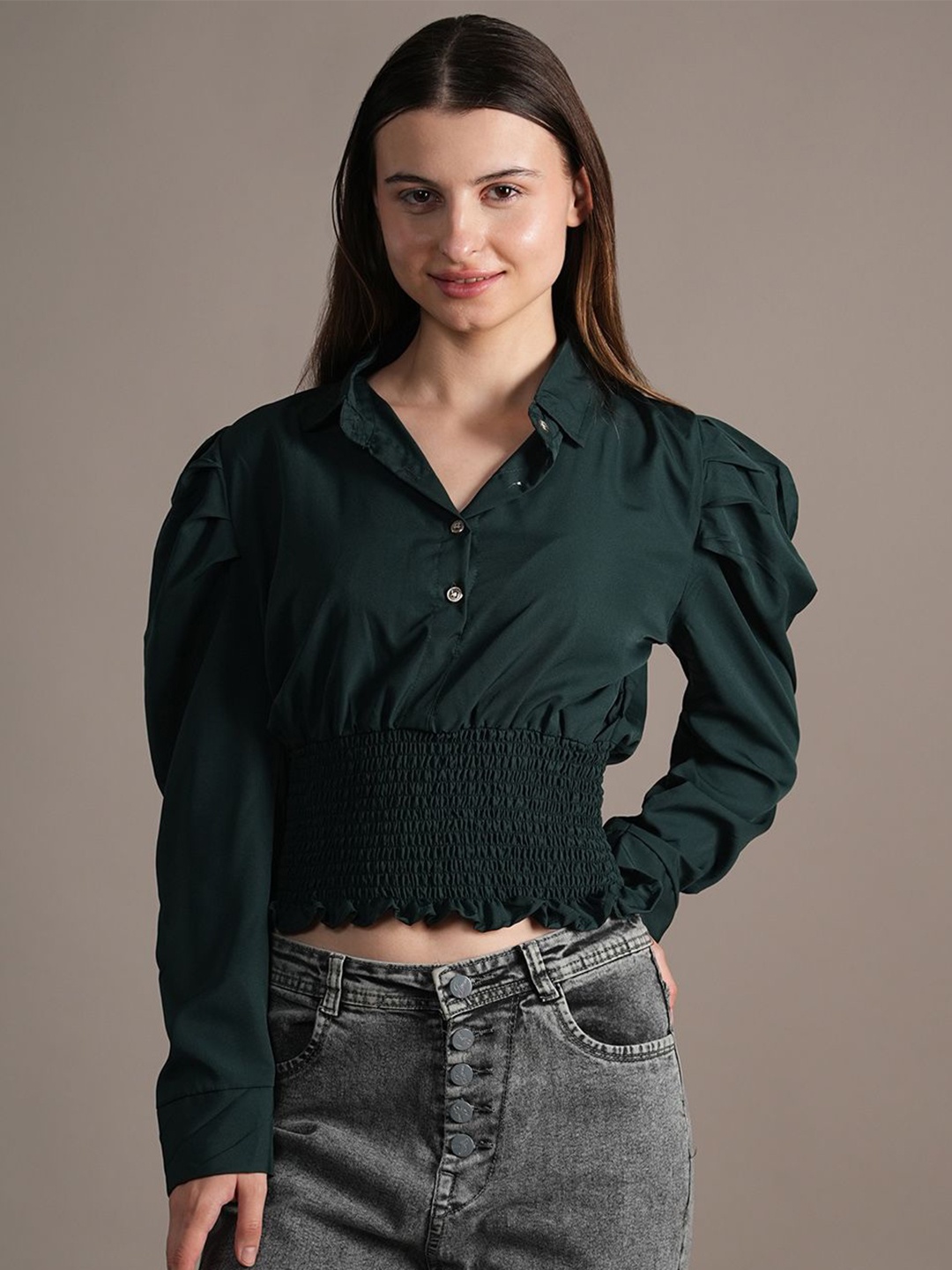 

Belfry Crepe Shirt Style Crop Top, Green