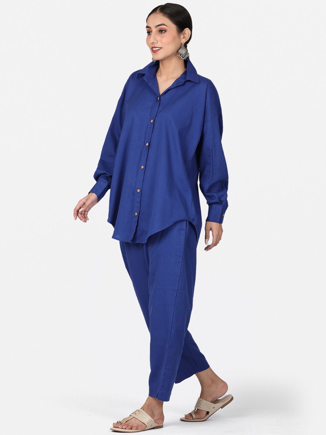 

Llajja Pure Cotton Shirt Collar Neck Shirt With Trousers Co-Ords, Blue
