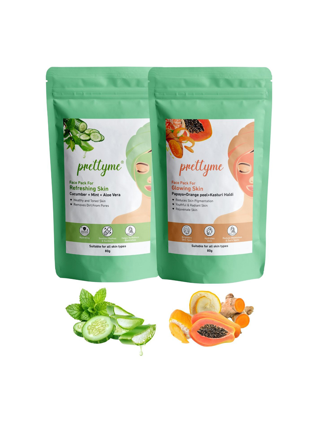 

Prettyme Set Of 2 Cucumber Aloe Vera Orange Peel & Papaya Powder Face Pack - 80 g Each, Sea green