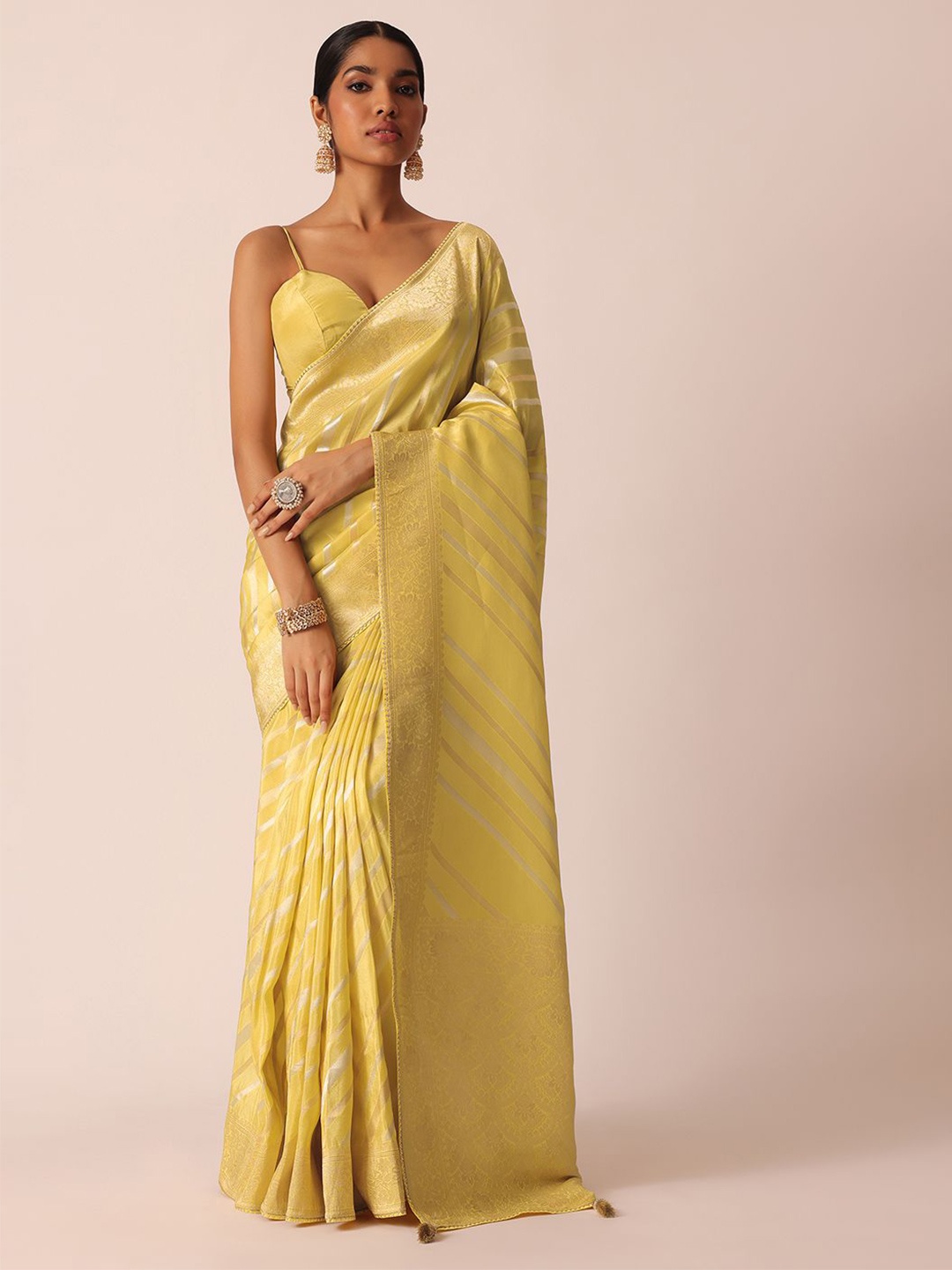 

KALKI Fashion Striped Silk Blend Ready To Wear Saree, Yellow
