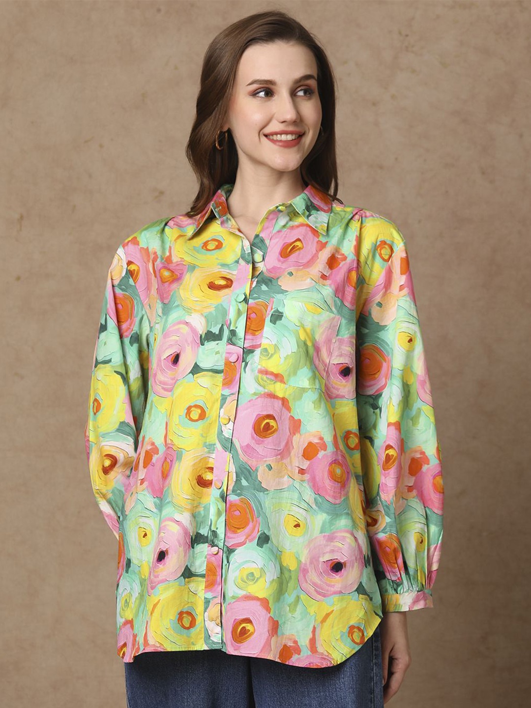 

FASHOR Floral Printed Pure Cotton Straight Shirt, Green