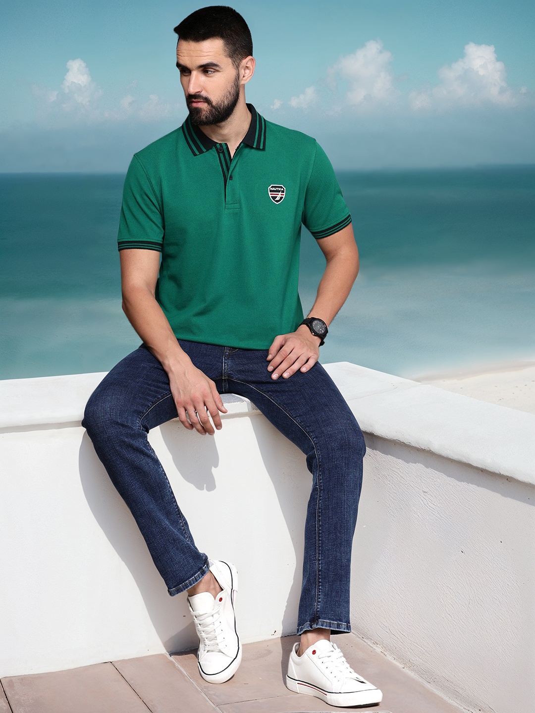 

Nautica Solid Polo Collar Pure Cotton T-shirt with Embroidered Detail, Green