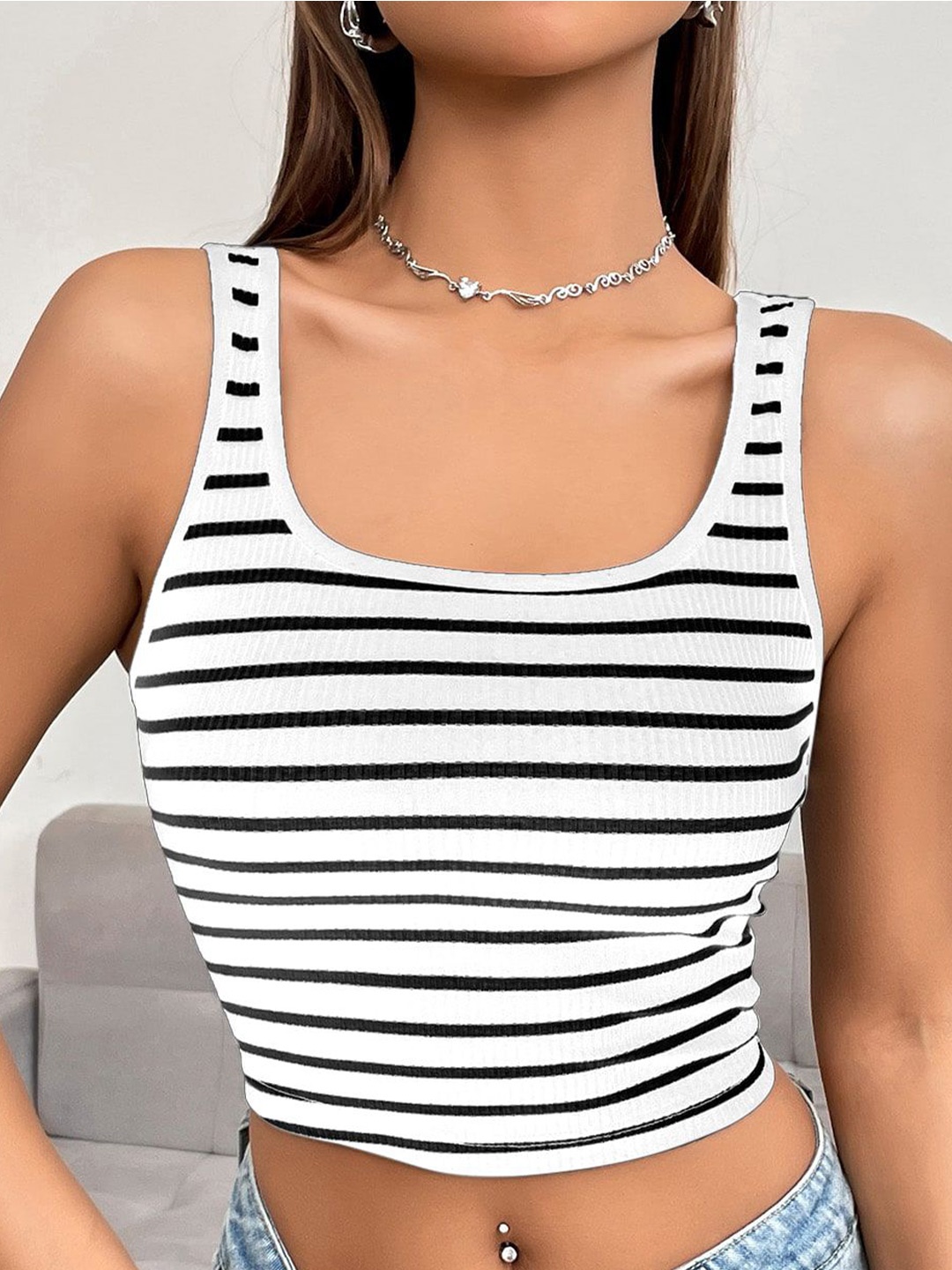 

AAHWAN Striped Tank Crop Top, White