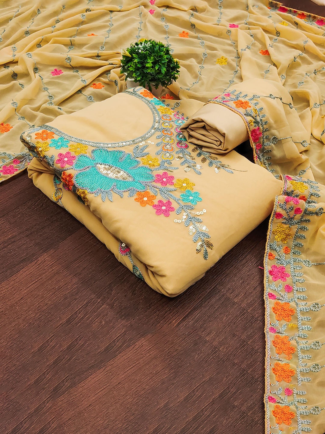 

SHADOW & SAINING Embroidered Silk Georgette Unstitched Dress Material, Beige
