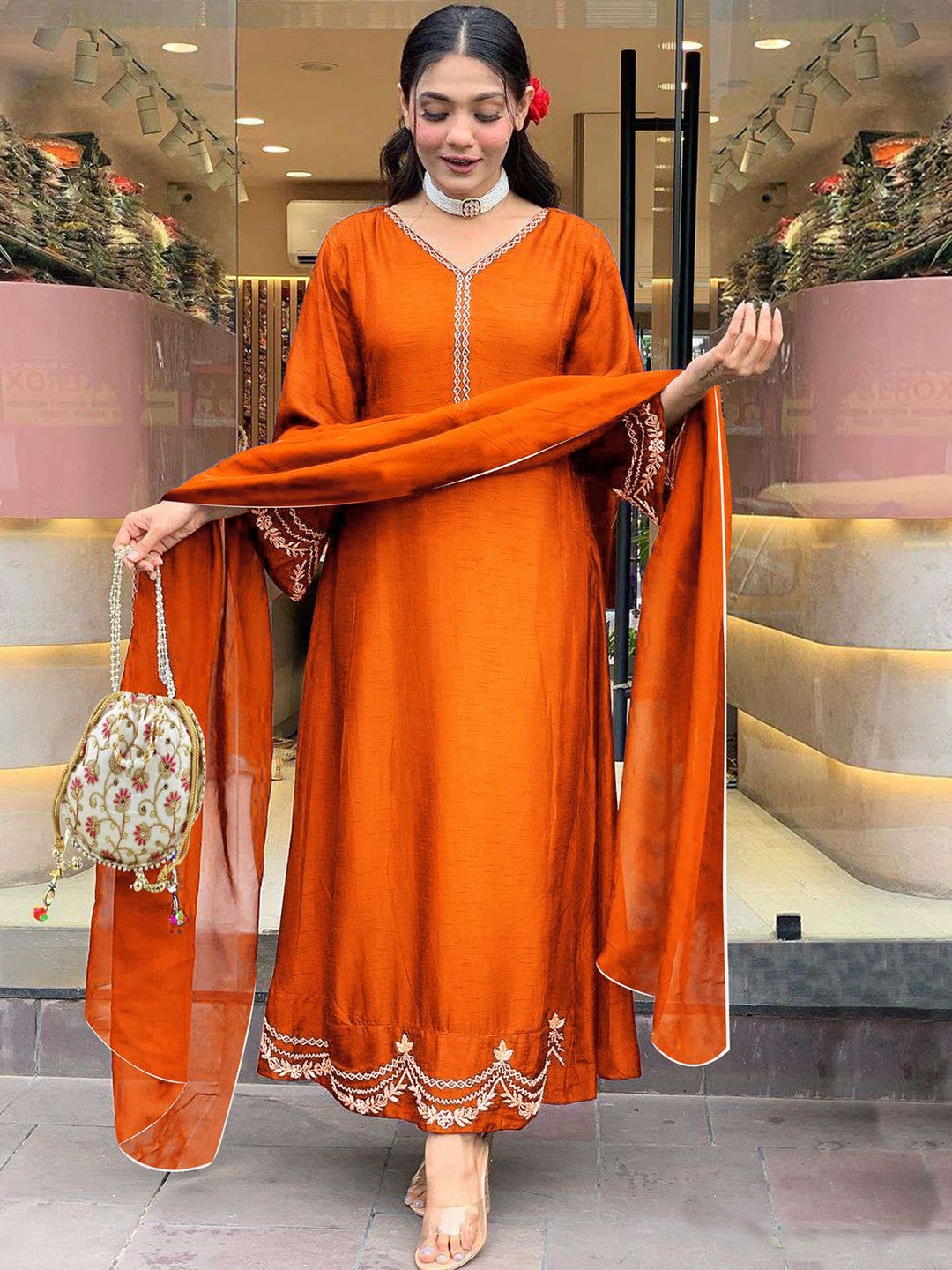 

KALINI Women Floral Regular Kurta with Trousers & With Dupatta, Orange
