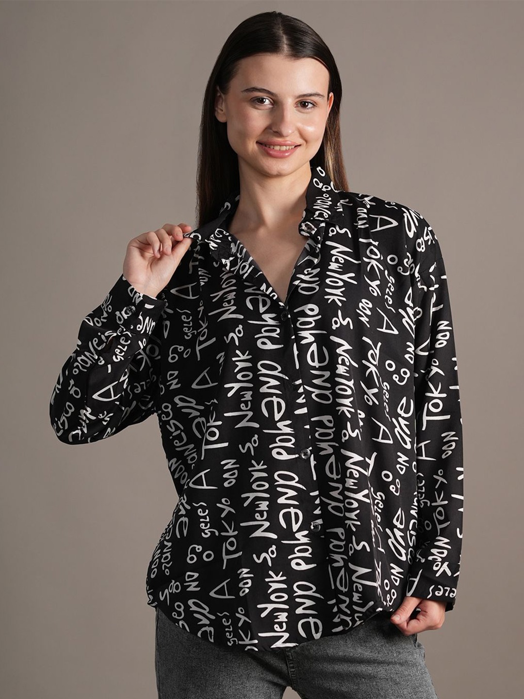 

Belfry Women Opaque Printed Casual Shirt, Black