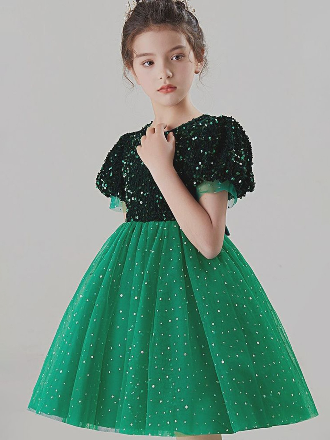 

LULU & SKY Embellished Puff Sleeve Fit & Flare Dress, Green