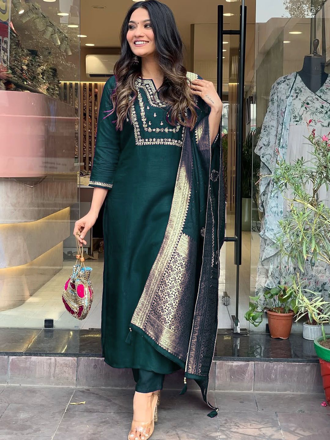 

KALINI Women Floral Yoke Design Regular Thread Work Kurta with Trousers & With Dupatta, Teal