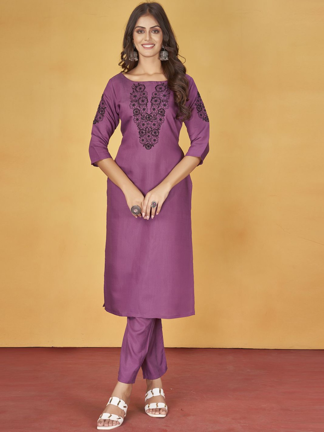 

MINGORA Embroidered Pure Silk Round Neck Top With Trousers Co-Ords Set, Purple
