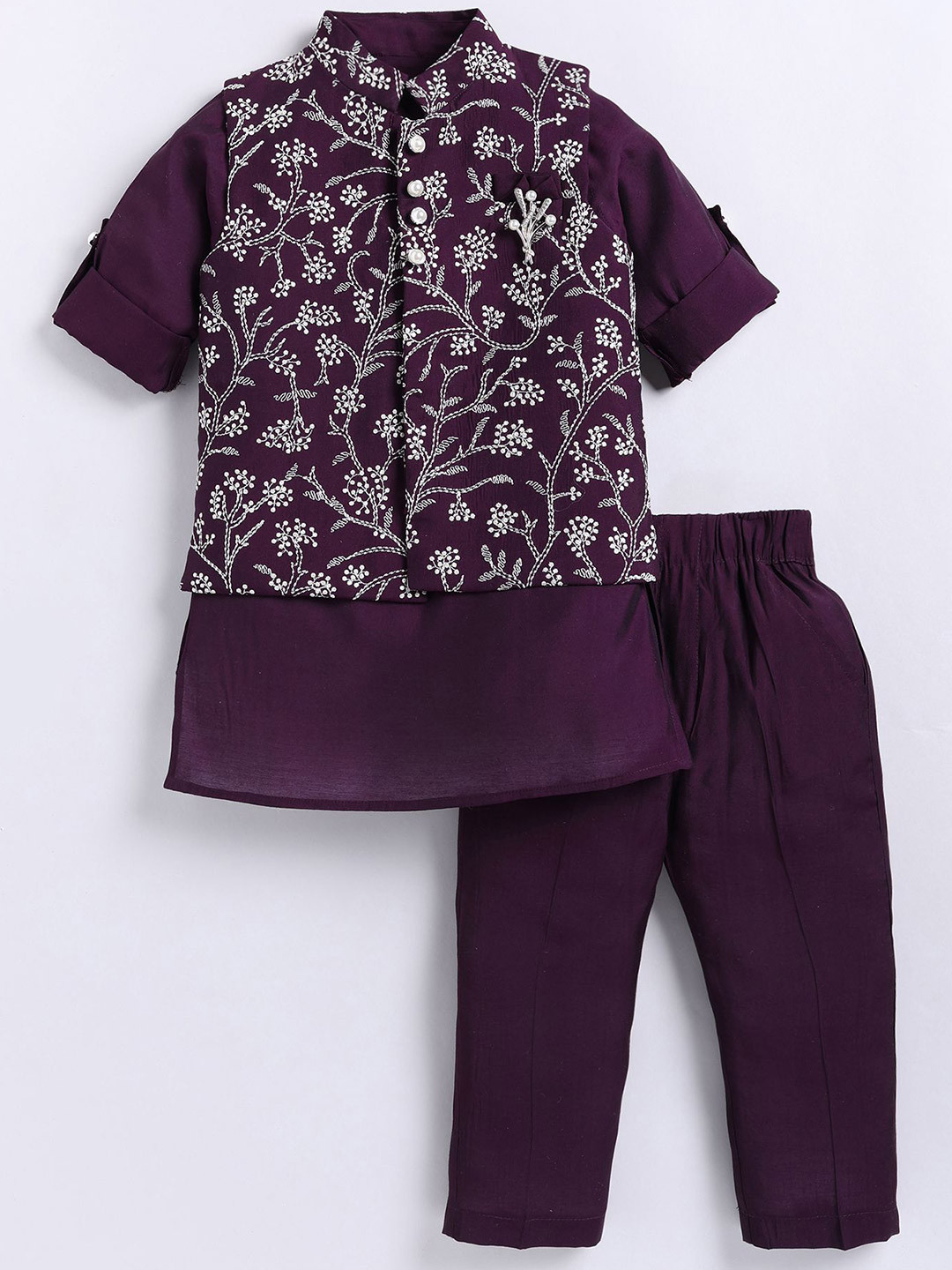 

LITTLE COLLARS Boys Floral Regular Thread Work Kurta with Trousers, Brown