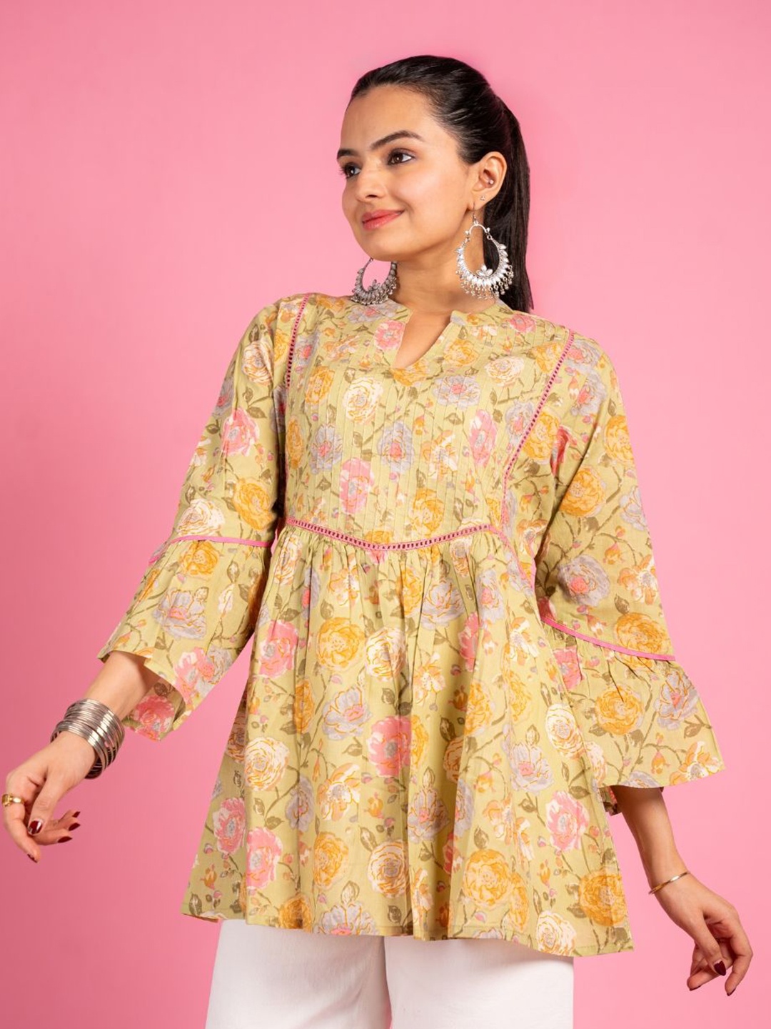 

EKISHA Floral Print Bell Sleeve Cotton Top, Yellow