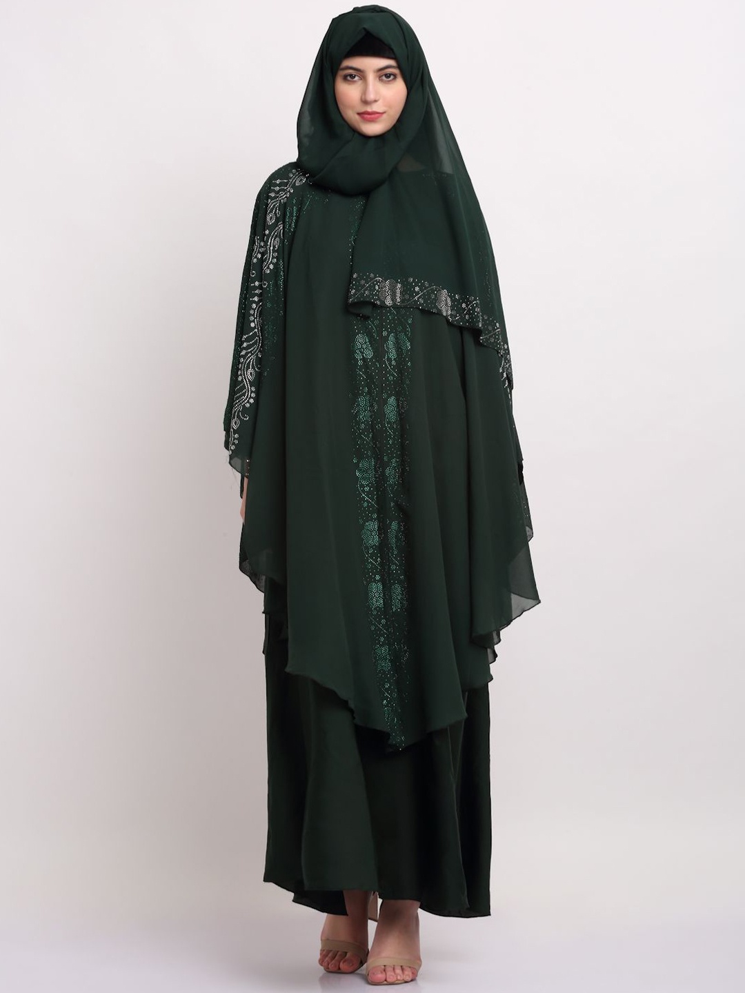 

Arrabi Embellished Detail Round Neck Indian Ethnic Burqa With Scarf, Green