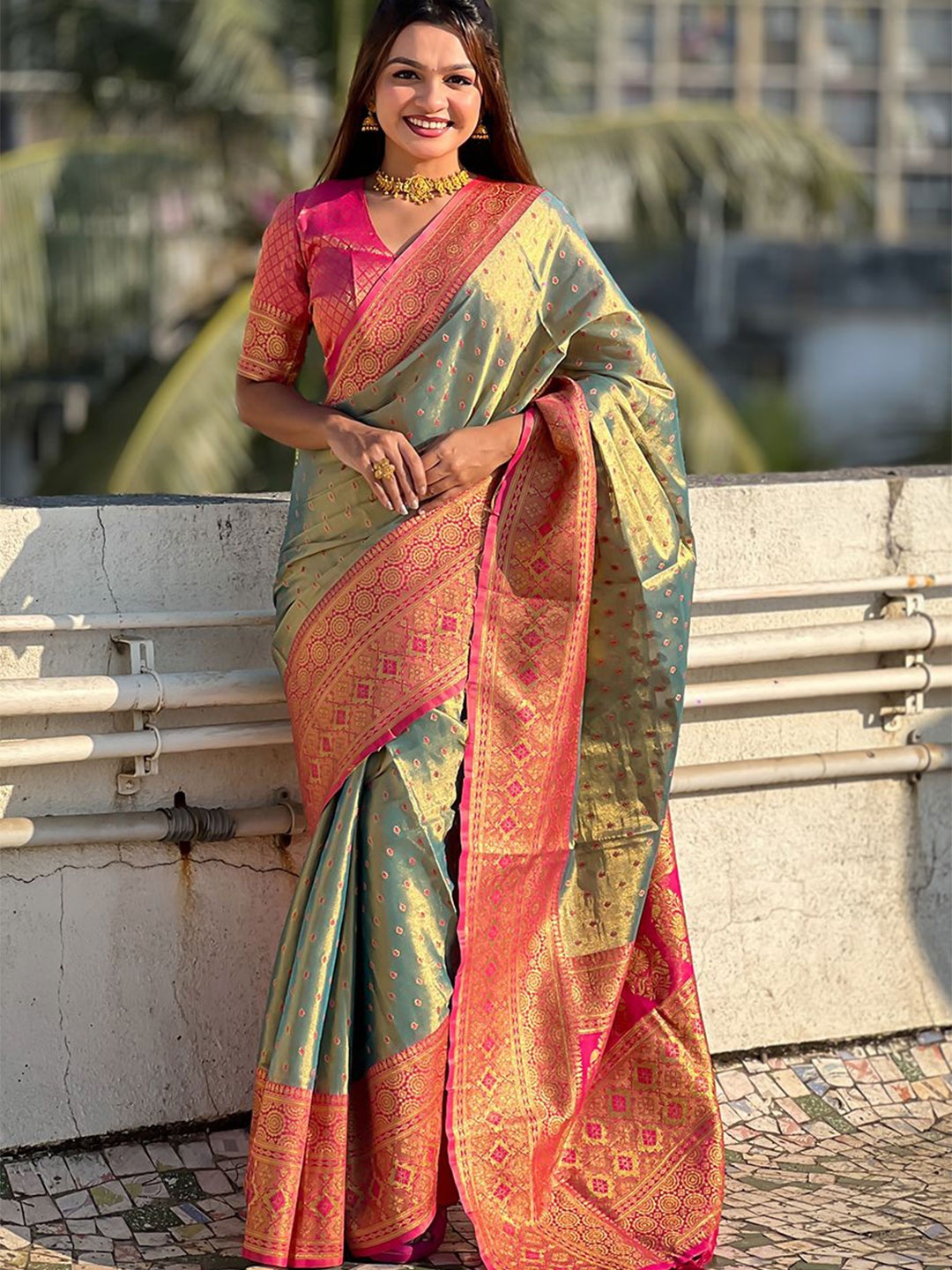 

all about you Ethnic Motifs Tissue Kanjeevaram Saree, Grey