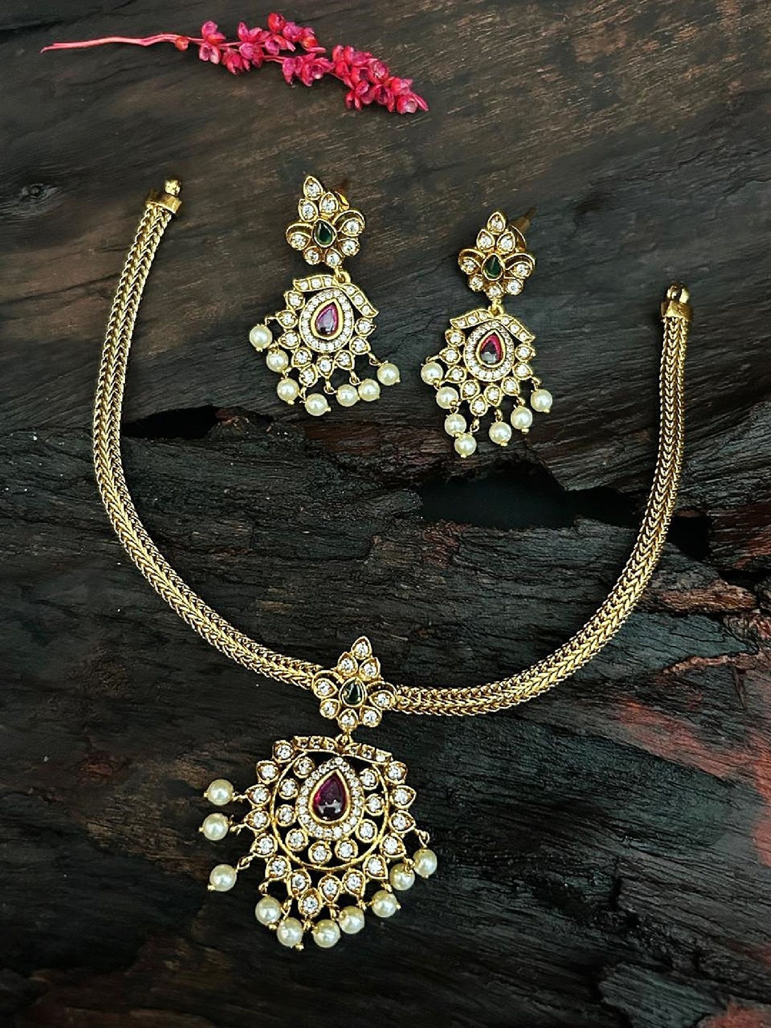 

GRIIHAM Gold Plated CZ Stone Studded & Beaded Jewellery Set