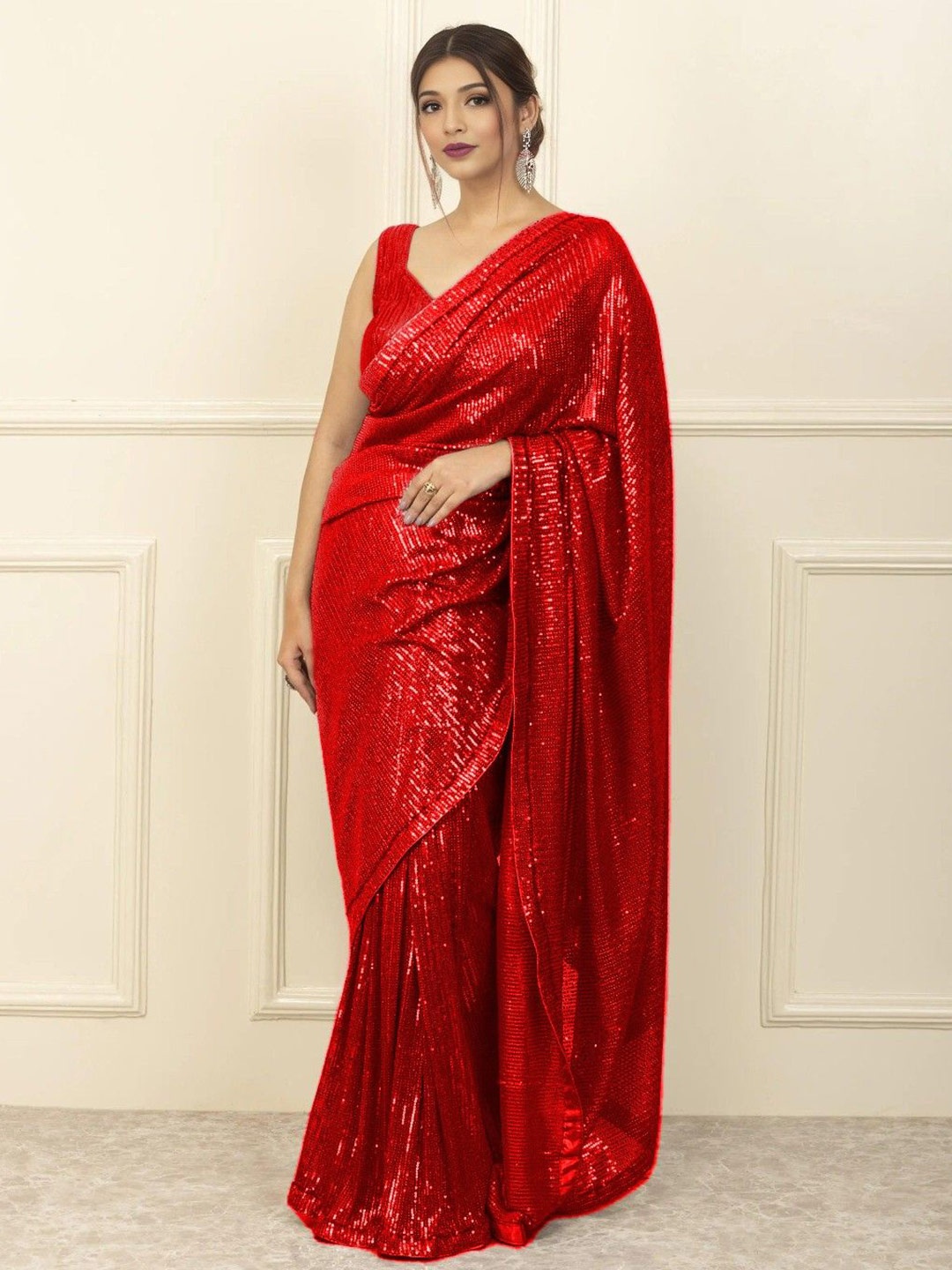 

ANJANI TEXTILE Embellished Sequinned Poly Georgette Saree, Red