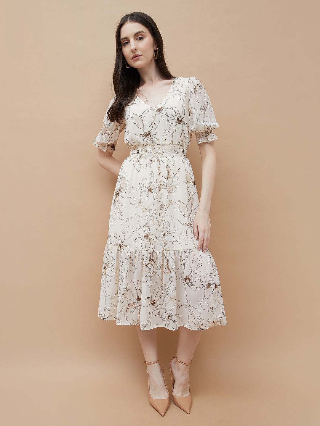 

CODE by Lifestyle Floral Print Flutter Sleeve A-Line Midi Dress, Beige