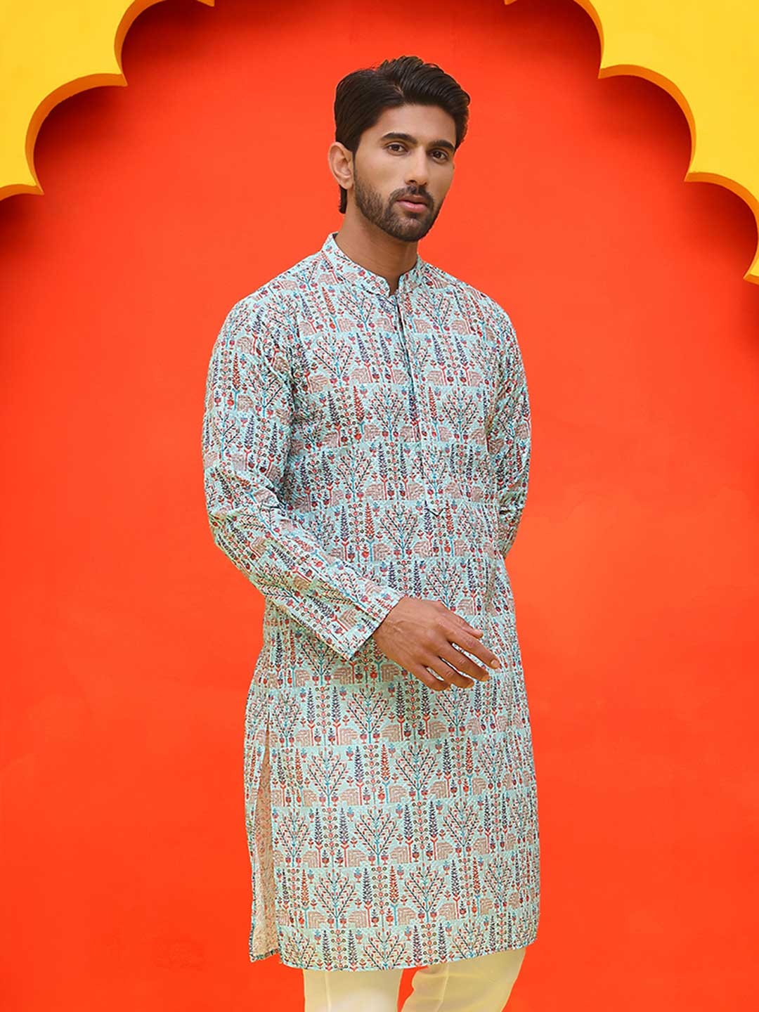 

Anouk Men Floral Embroidered Chikankari Floral Kurta, Turquoise blue