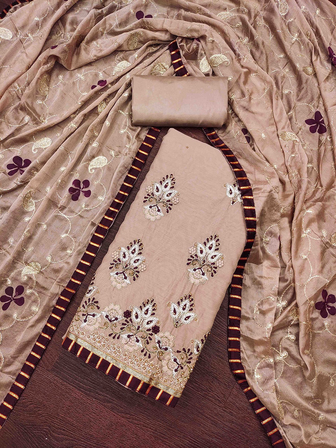 

KIMISHA Embroidered Unstitched Dress Material, Brown