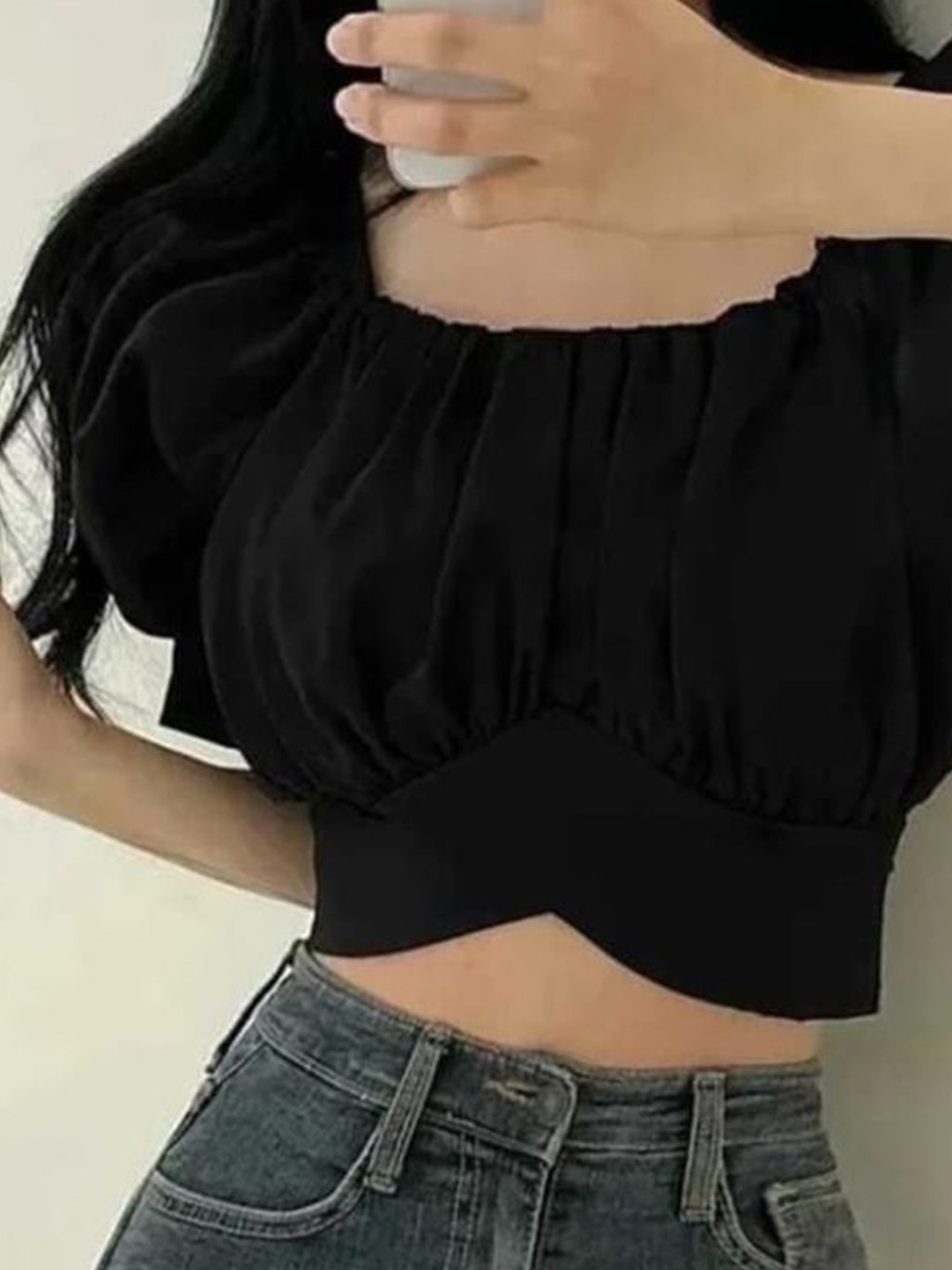 

NiloBerry Off-Shoulder Kimono Sleeve Blouson Crop Top, Black