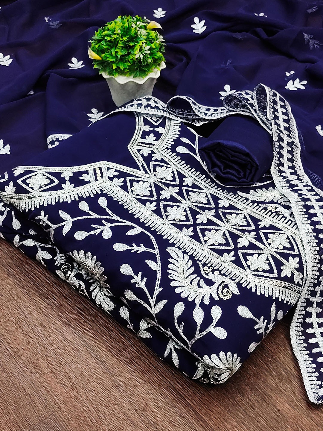 

SHADOW & SAINING Embroidered Silk Georgette Unstitched Dress Material, Blue