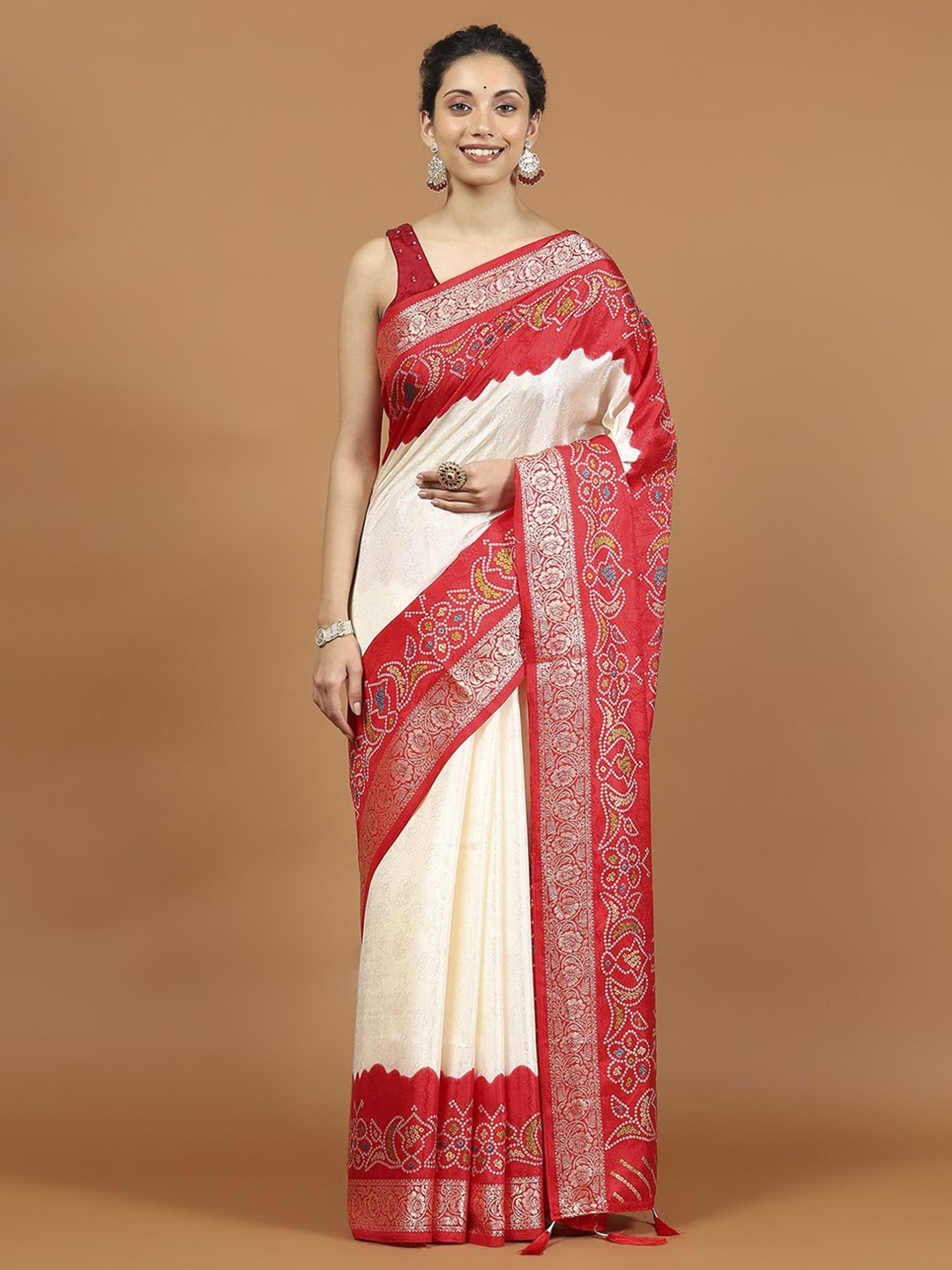 

Meena Bazaar Bandhani Zari Art Silk Saree, Cream