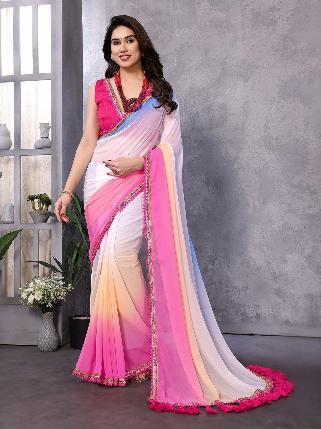 

ROOP SUNDARI SAREES Ombre Sequinned Pure Georgette Designer Saree, Pink