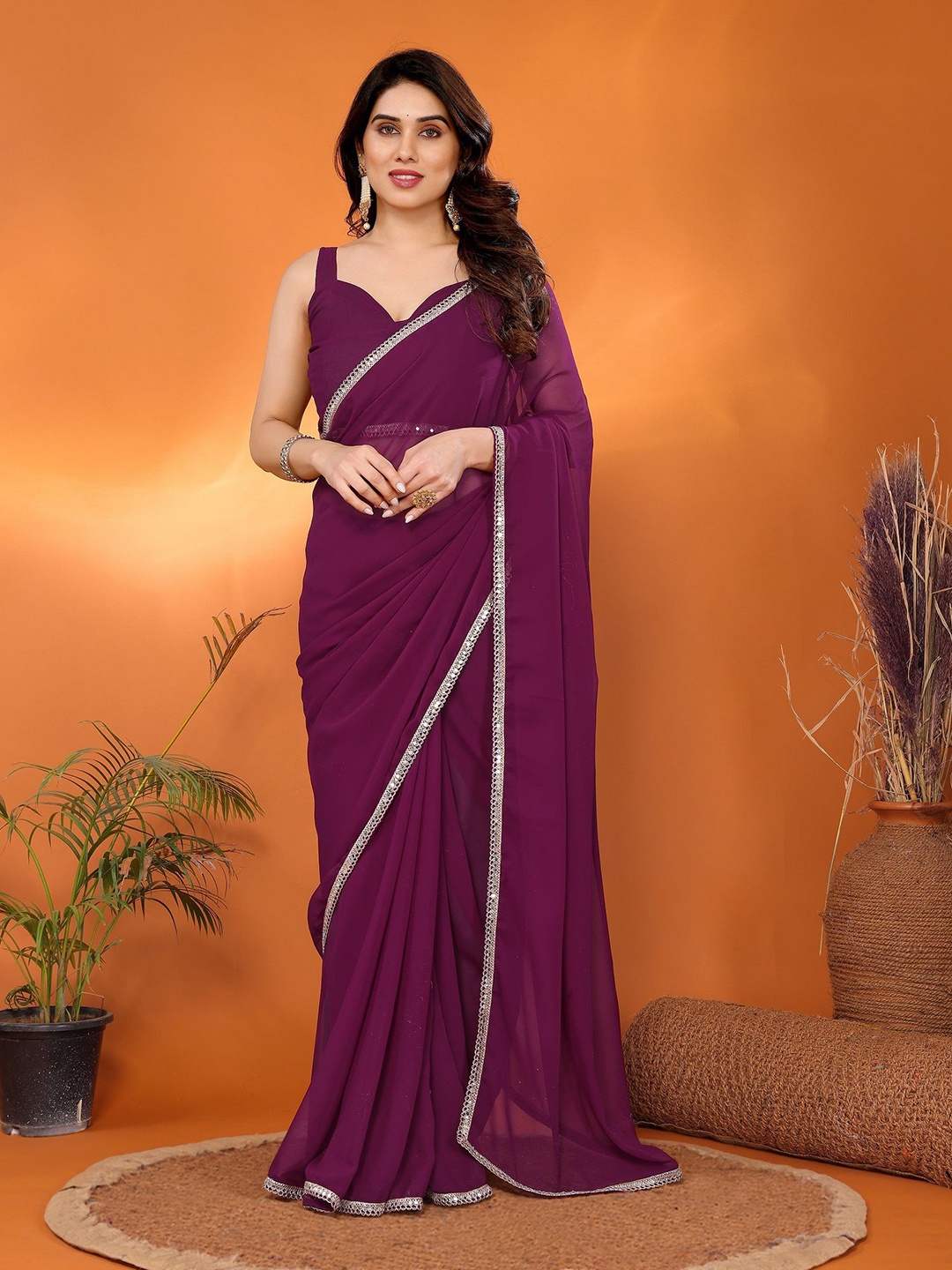 

ROOP SUNDARI SAREES Mirror Work Pure Georgette Designer Saree, Magenta