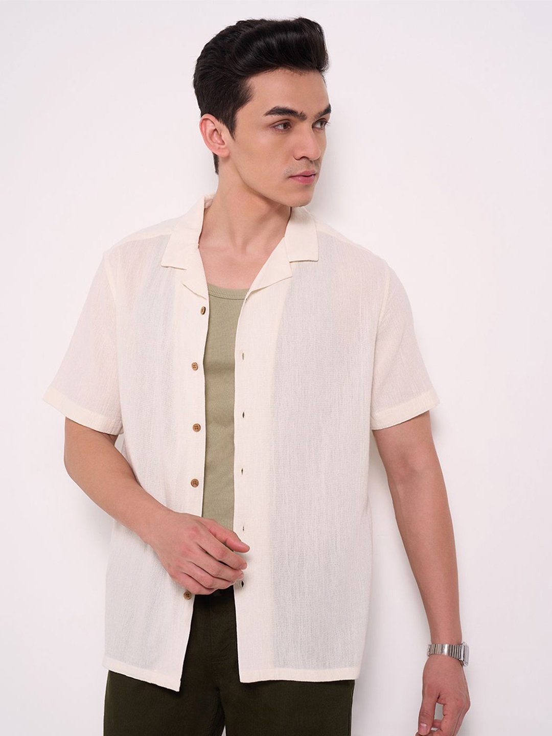 

7 Alt by Pantaloons Men Opaque Casual Shirt, Cream