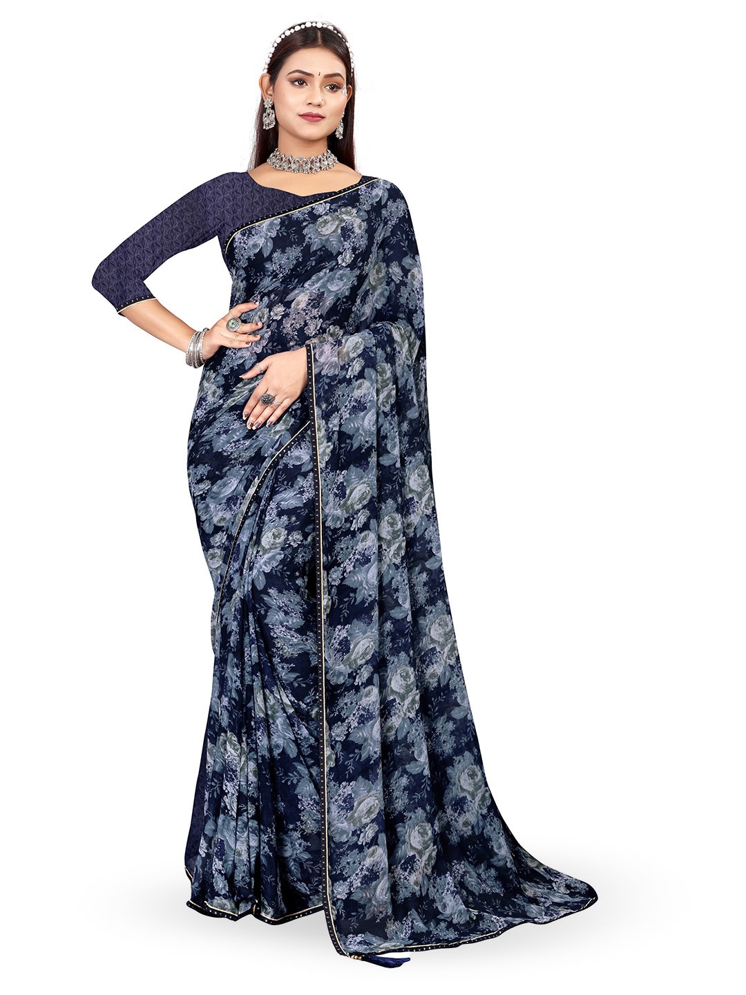

shree krishna fashion Floral Sequinned Poly Georgette Saree, Navy blue