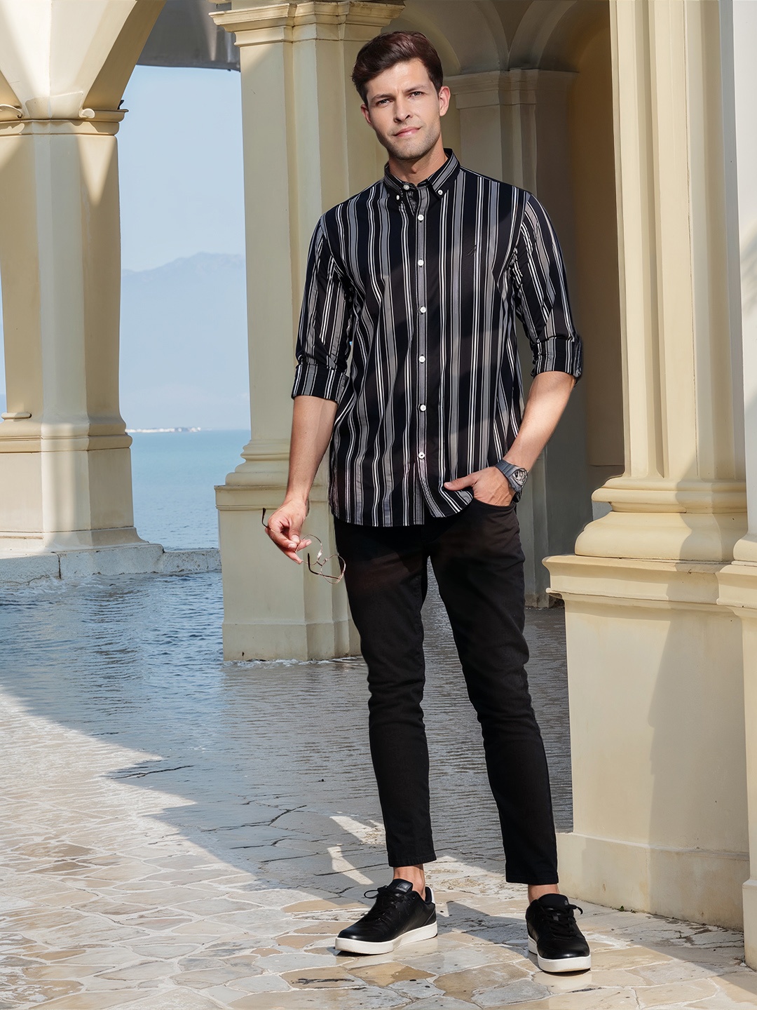 

Nautica Pure Cotton Slim Fit Opaque Striped Casual Shirt, Black