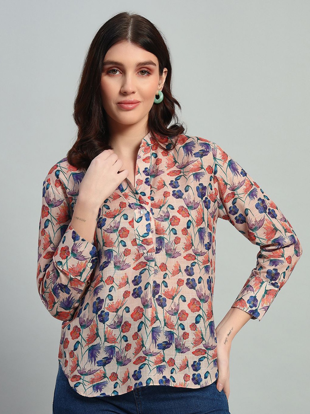 

GIN & CHAI Floral Print Mandarin Collar Cotton Top, Multi