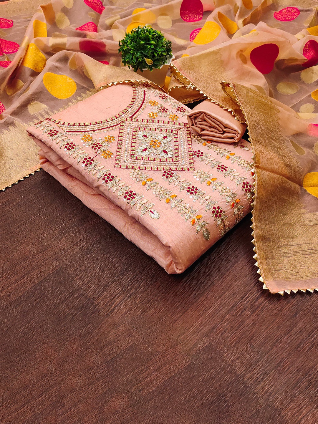 

SHADOW & SAINING Embroidered Unstitched Dress Material, Peach