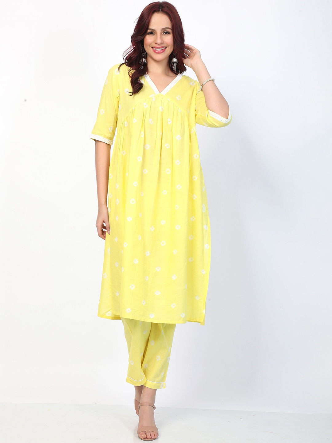 

BABRU Women Bandhani Dyed Regular Pure Cotton Kurti with Palazzos, Yellow