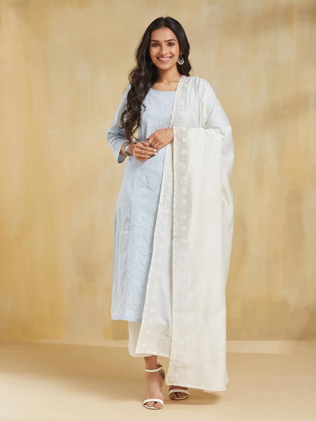 

Fabindia Cotton Silk Dupatta with Mirror Work, Off white