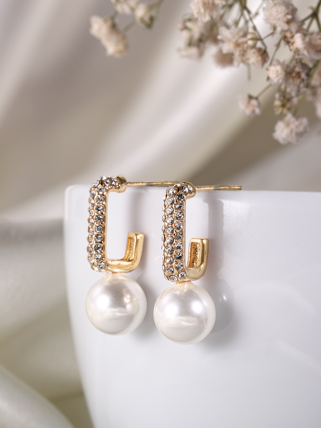 

DressBerry Classic Beads & Stone-Studded Half Hoop Earrings, Gold