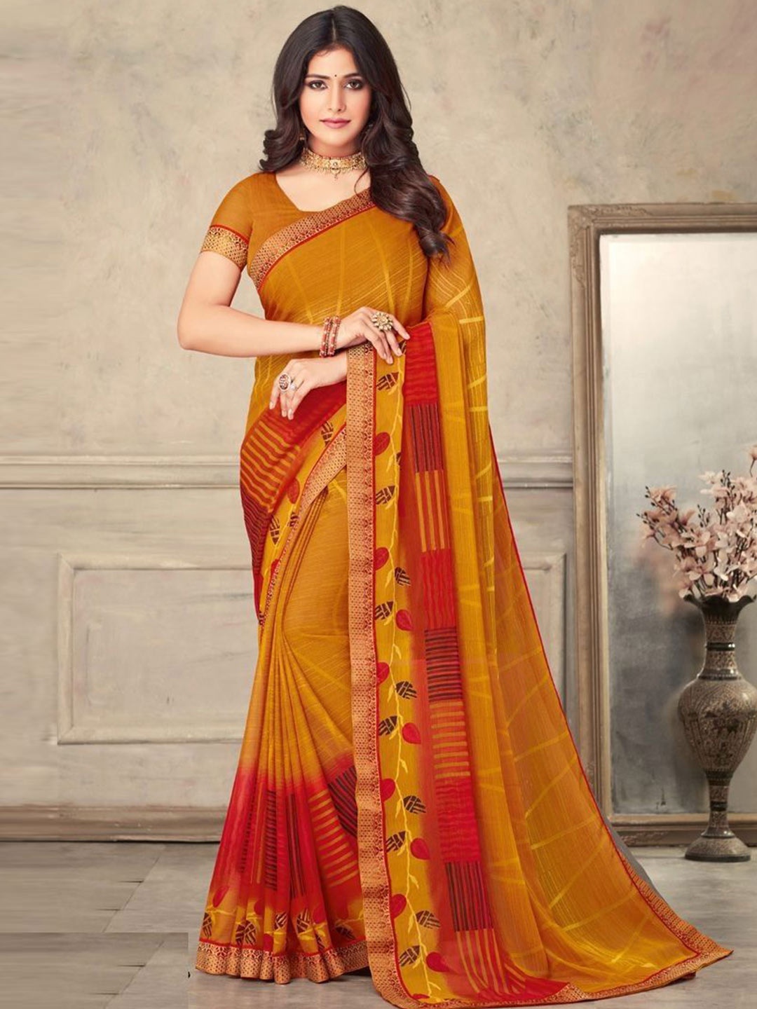 

Styleveda Striped Zari Pure Georgette Block Print Saree, Orange