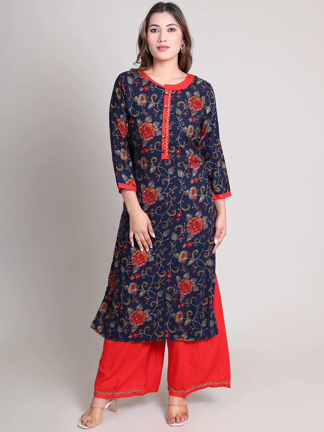 

DELIS Women Floral Printed Regular Beads and Stones Kurta with Palazzos, Navy blue