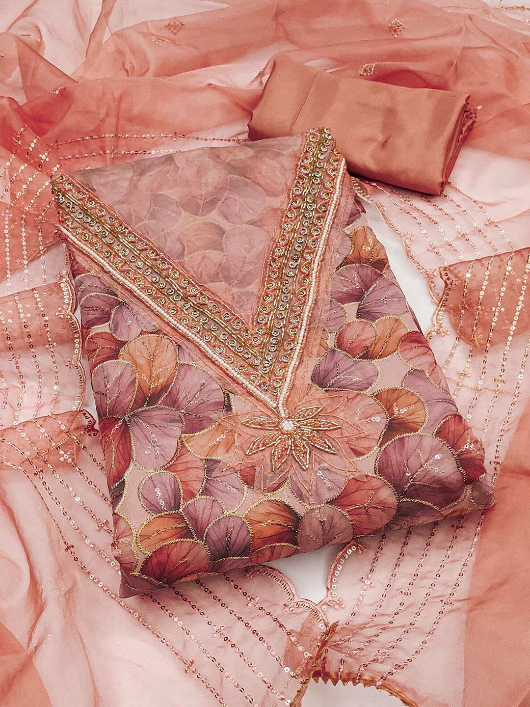 

SHADOW & SAINING Embroidered Organza Semi-Stitched Dress Material, Peach