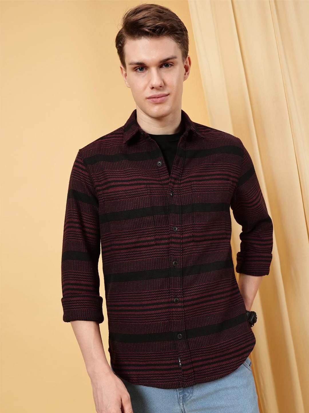 

VALEN CLUB Men Horizontal Stripes Opaque Striped Casual Shirt, Red