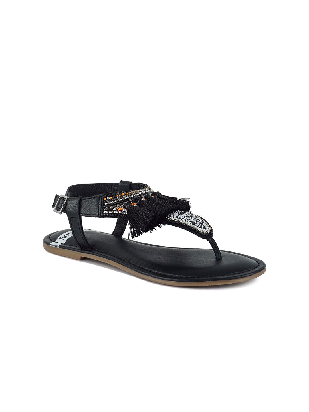 

RAG & CO Women T-Strap Flats with Tassels, Black