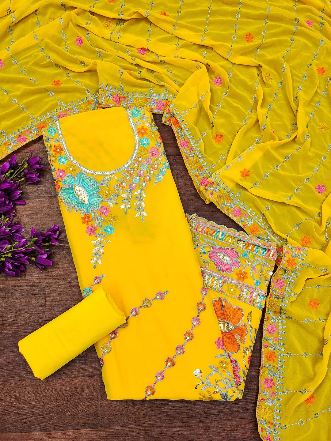 

SHADOW & SAINING Embroidered Silk Georgette Unstitched Dress Material, Yellow