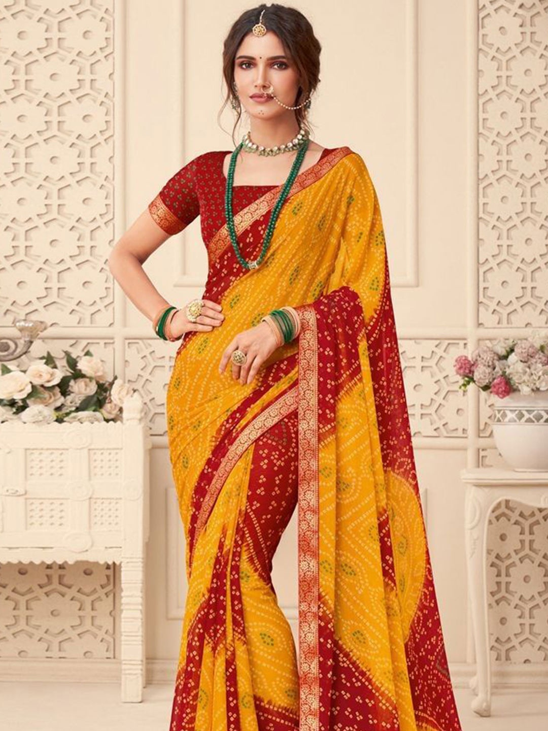 

Styleveda Bandhani Zari Pure Georgette Block Print Saree, Yellow