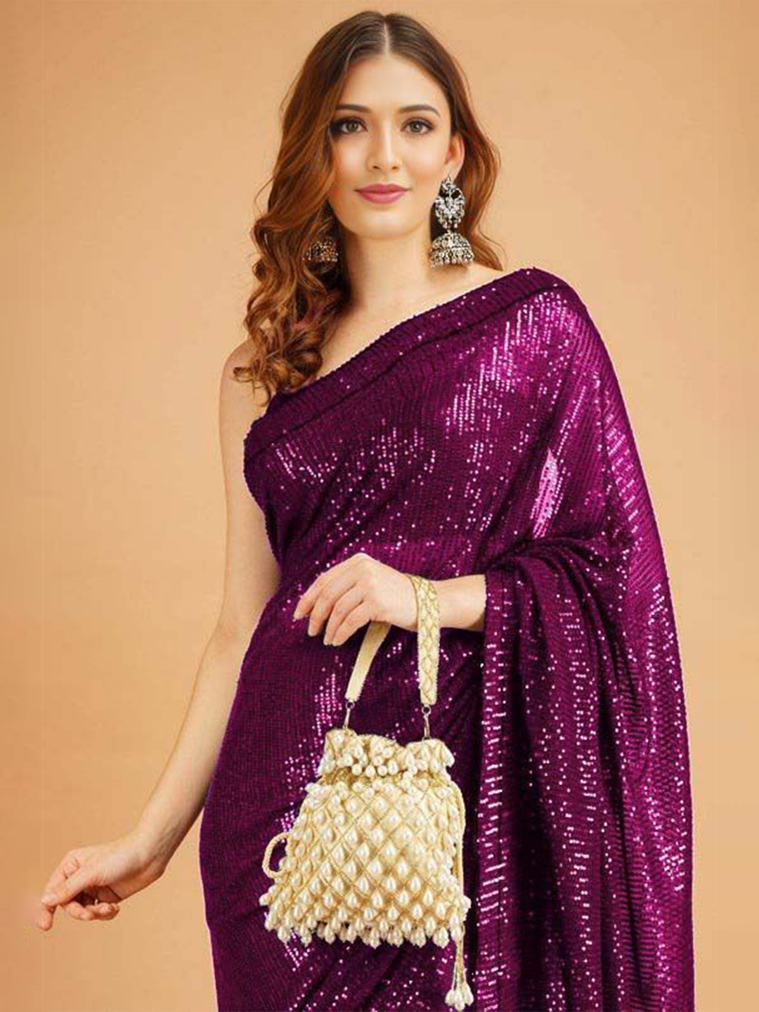 

ANJANI TEXTILE Embellished Sequinned Poly Georgette Saree, Purple