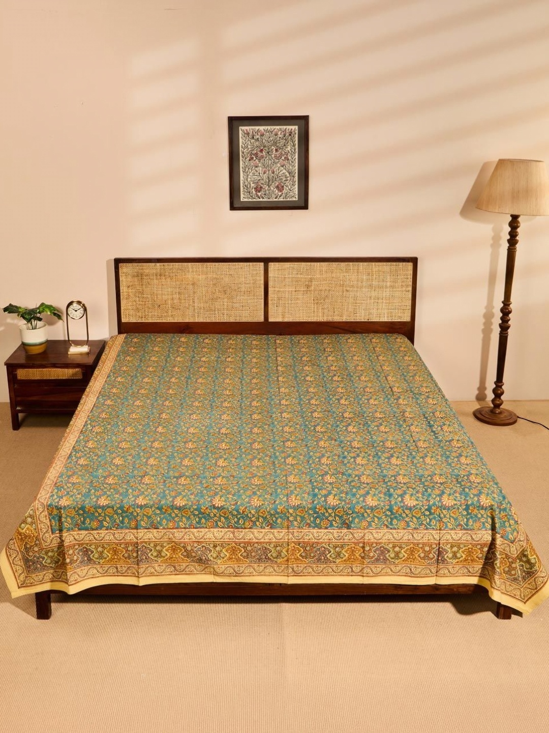 

Fabindia Teal Green & Yellow Printed Cotton Double King Bed Cover