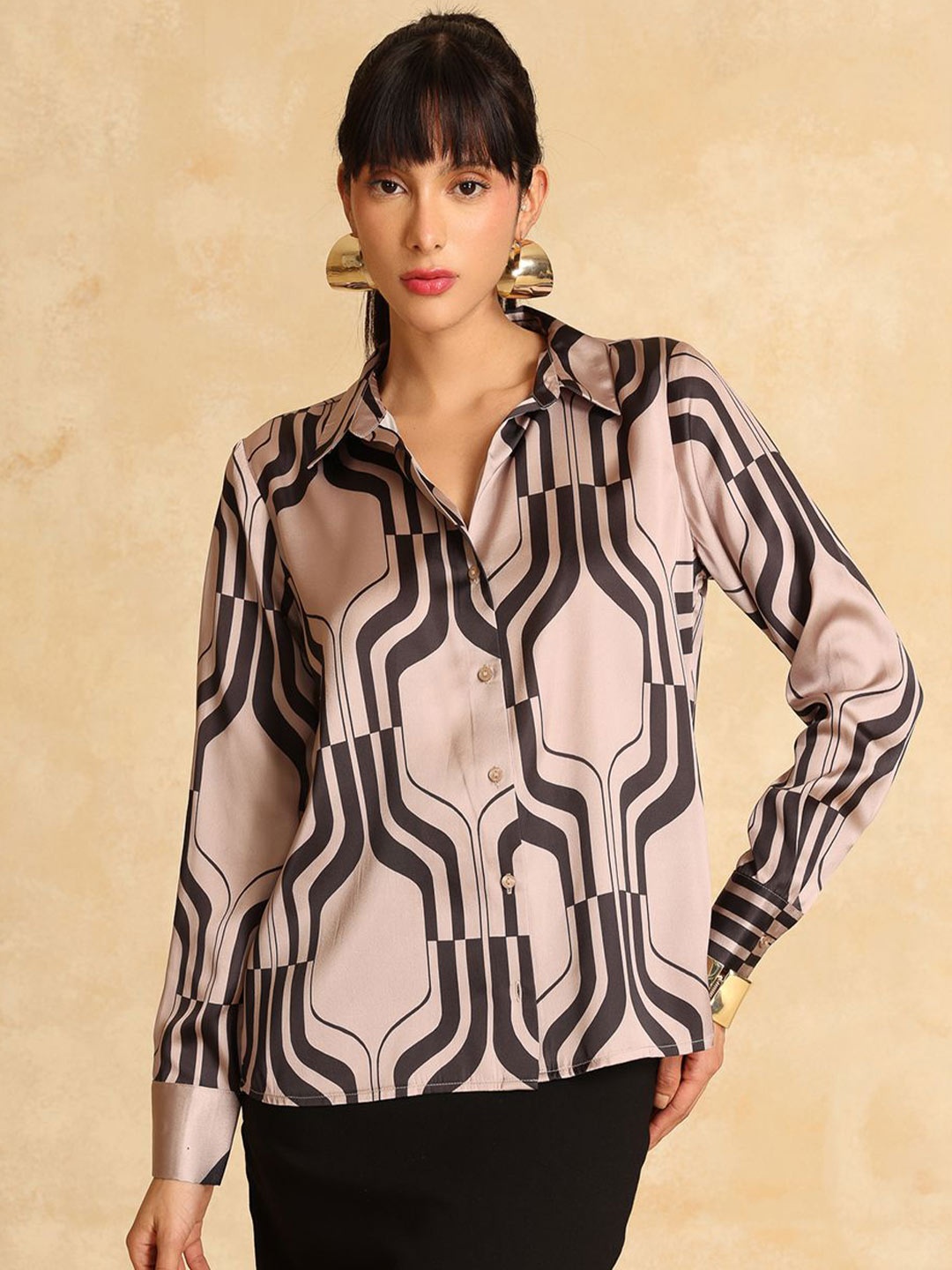 

Kazo Women Opaque Printed Party Shirt, Beige