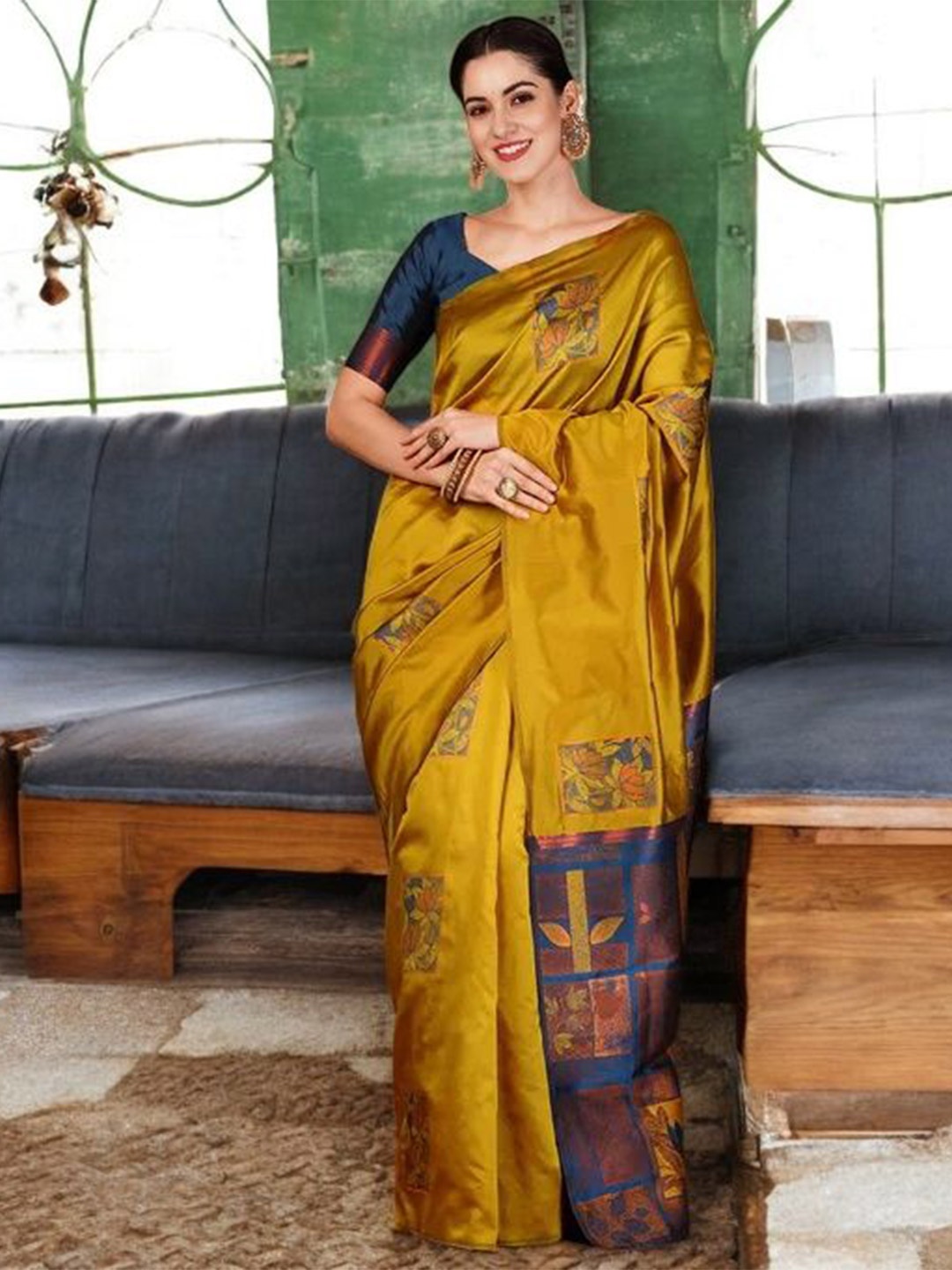 

KALINI Woven Design Zari Silk Blend Banarasi Saree, Yellow