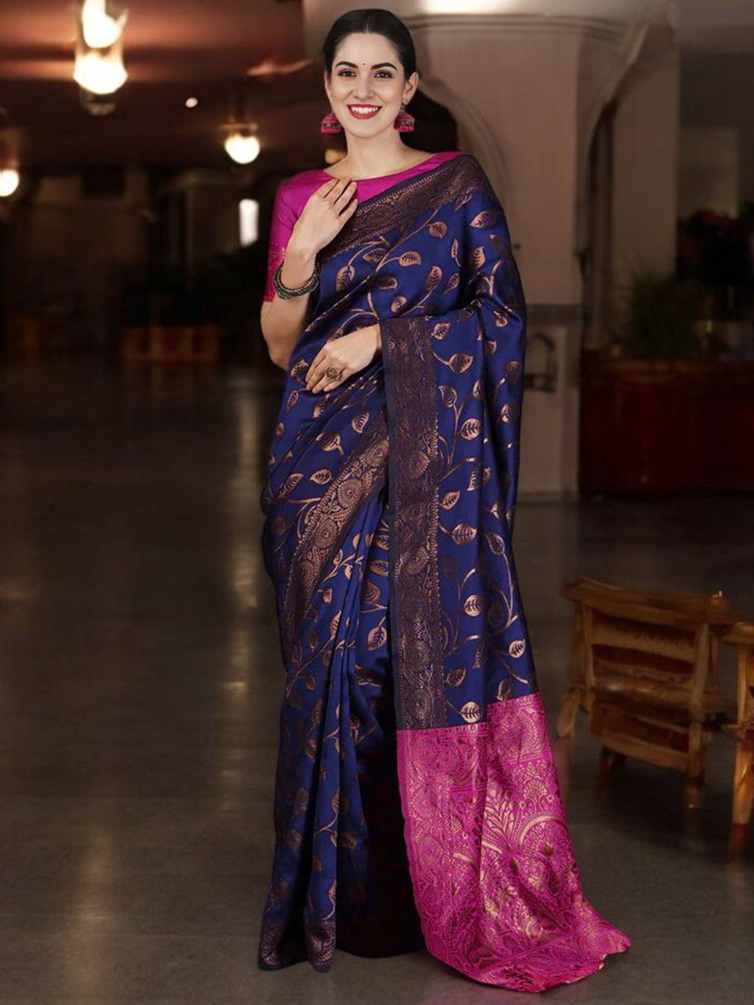 

KALINI Woven Design Zari Silk Blend Banarasi Saree, Navy blue